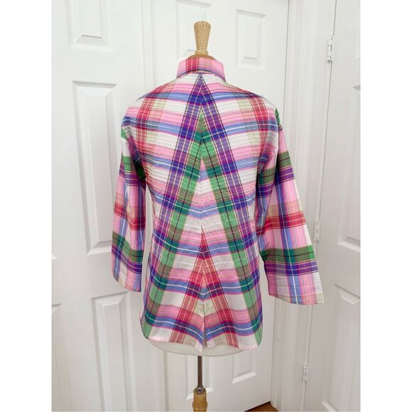 Marisa Baratelli Asymmetrical Pink Green Plaid Pleated Thai Silk Blouse Shirt 6 - Picture 4 of 6